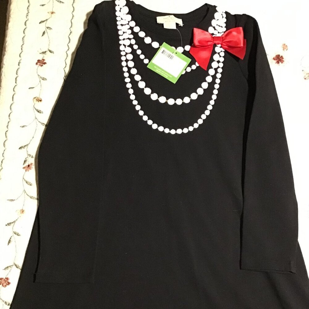 Kate Spade Girl's Black Dress w/ Painted on Necklace and Red Bow Dress-size 8